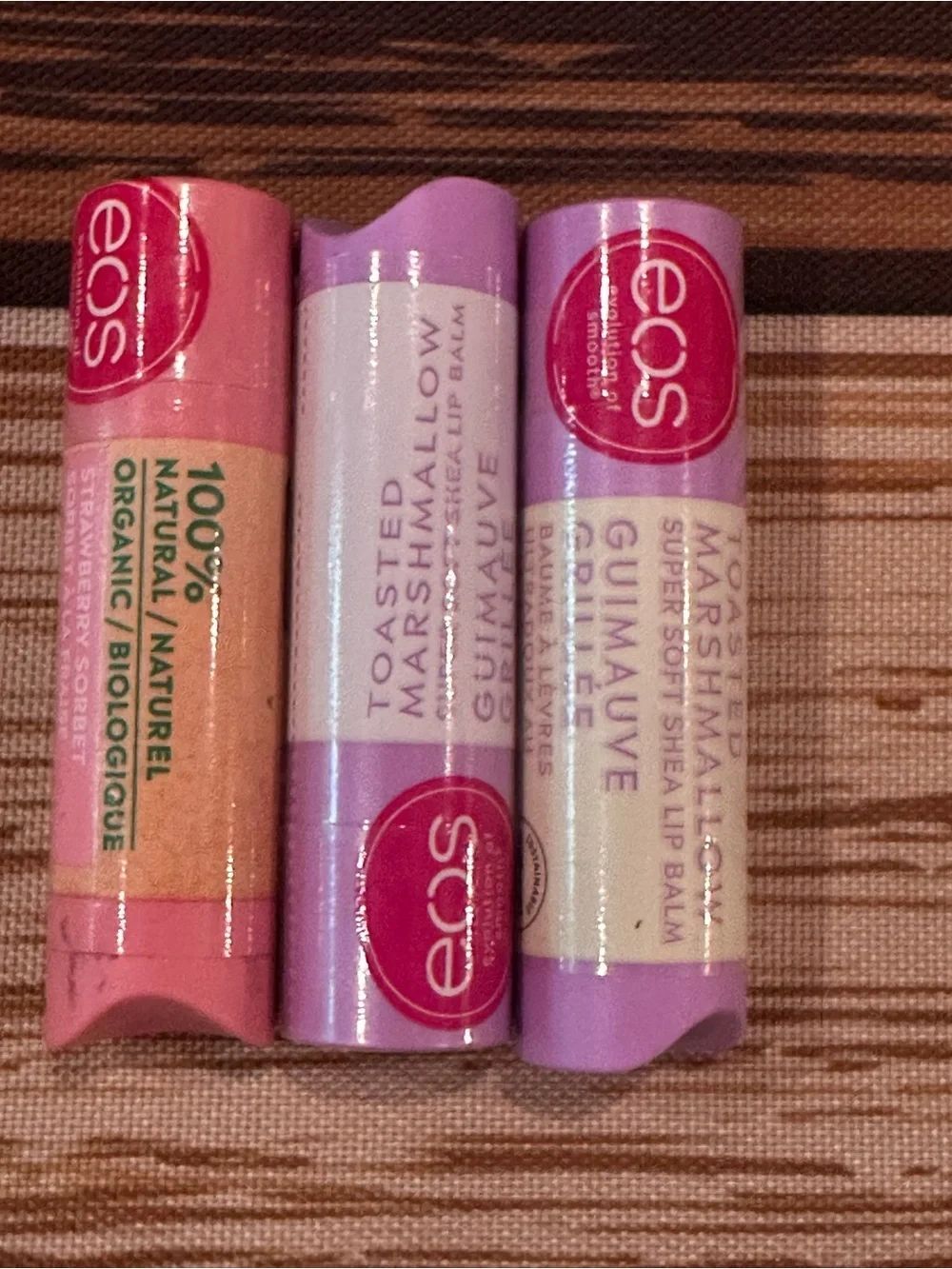 eos Lip Balm Trio toasted marshmallow and strawberry sorbet